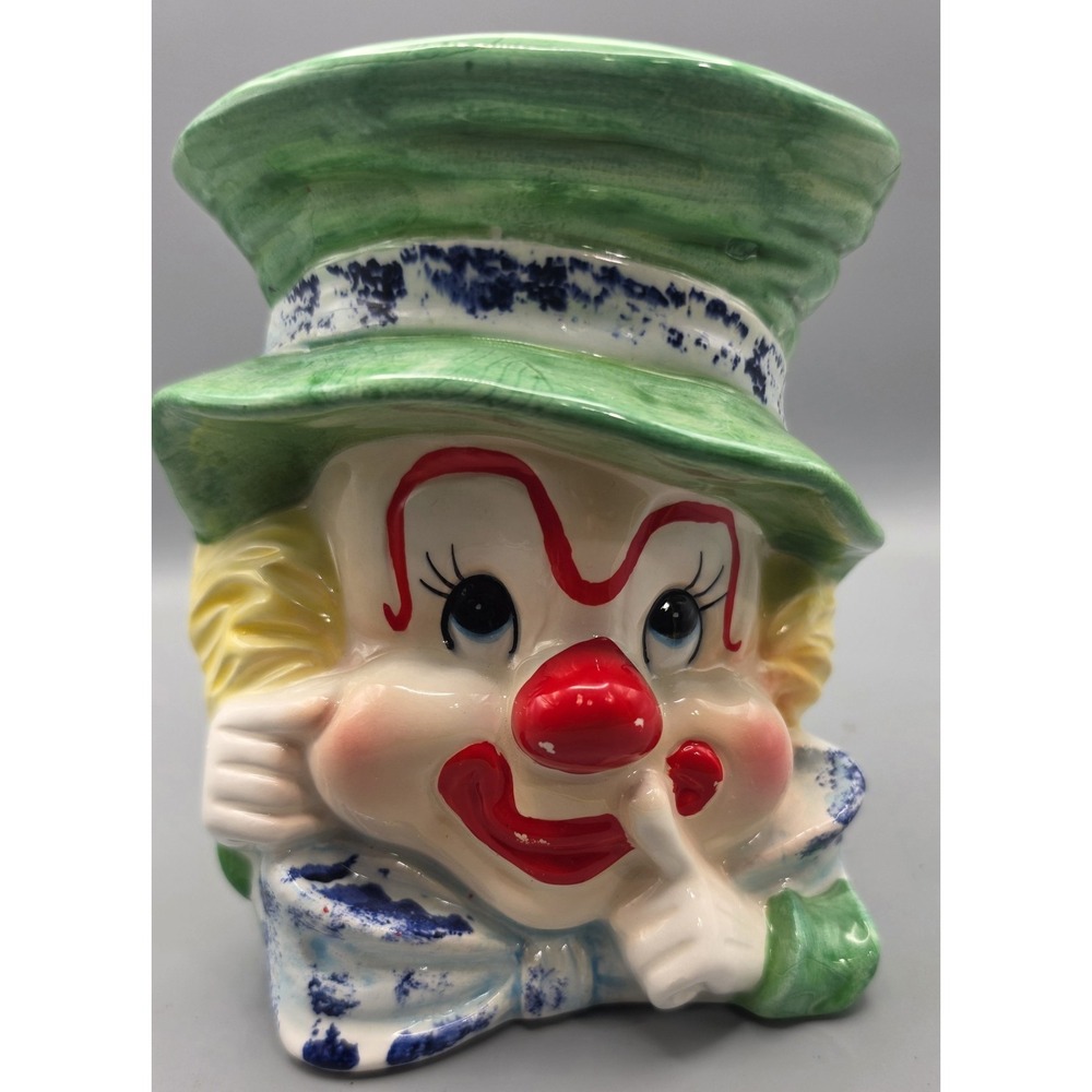 Vintage Napcoware Clown Head Planter Vase Japan Green Hat Ceramic MCM Kitsch